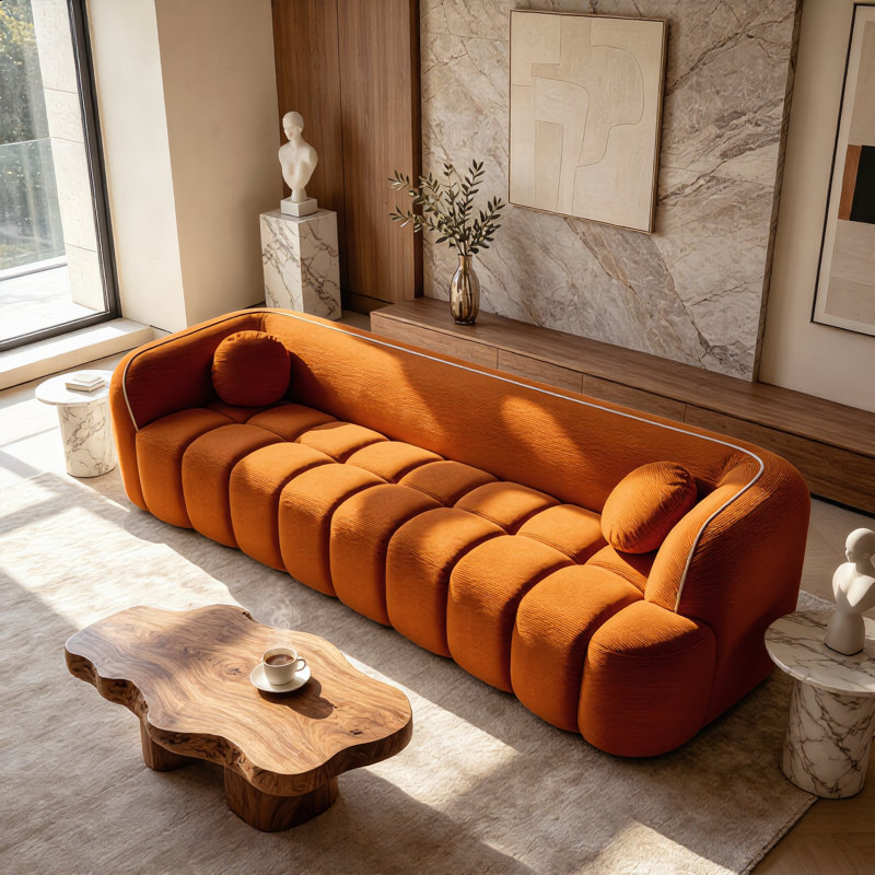 Canapé modulaire droit à 3 places en velours côtelé sans cadre avec support lombaire, Orange + velours côtelé