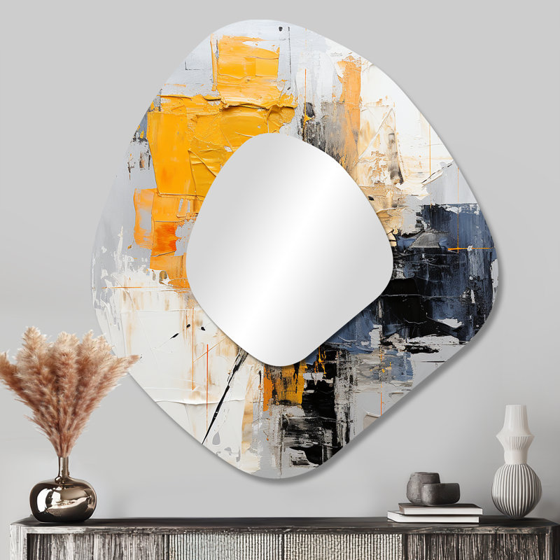 Danbury gris et jaune peinture élégance IV - Collages abstraits, miroir décoratif de forme unique, grand miroir de forme libre jaune, impression d'art en métal
