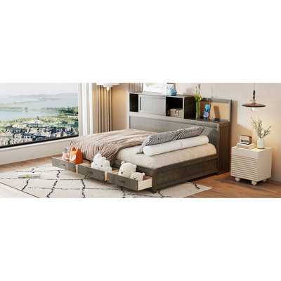 Gray Full Size Daybed With Wooden Construction, Storage Drawers, Upper Soft Board, And Device - Charging Power Supply For Devices Of Wood, Featuring 3 Shelf, Convenient Electronics