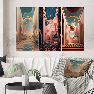 «Futur Folklore Minimal Retro Architecture I», 3 pièces sur toile
