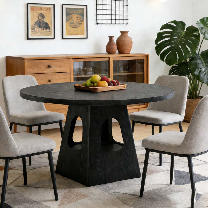 Table de salle à manger ronde de 47 pouces avec plateau en bois et base de rangement, Noir