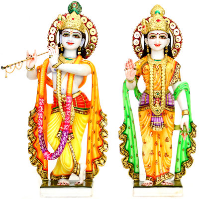 Handmade Marble Radha and Krishna Statues - 12 Inch Divine Pair in Votive Style for Spiritual Home Altars and Inspirational Decor