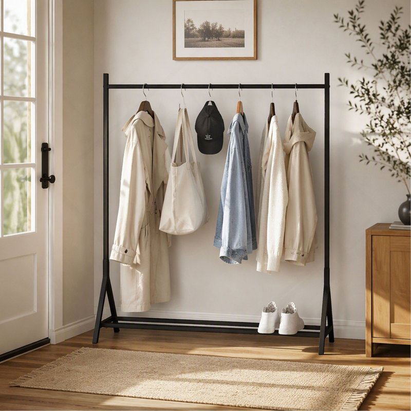 Freestanding Garment Rack and Multi-Functional Single Pole Bedroom Clothing Rack, Black