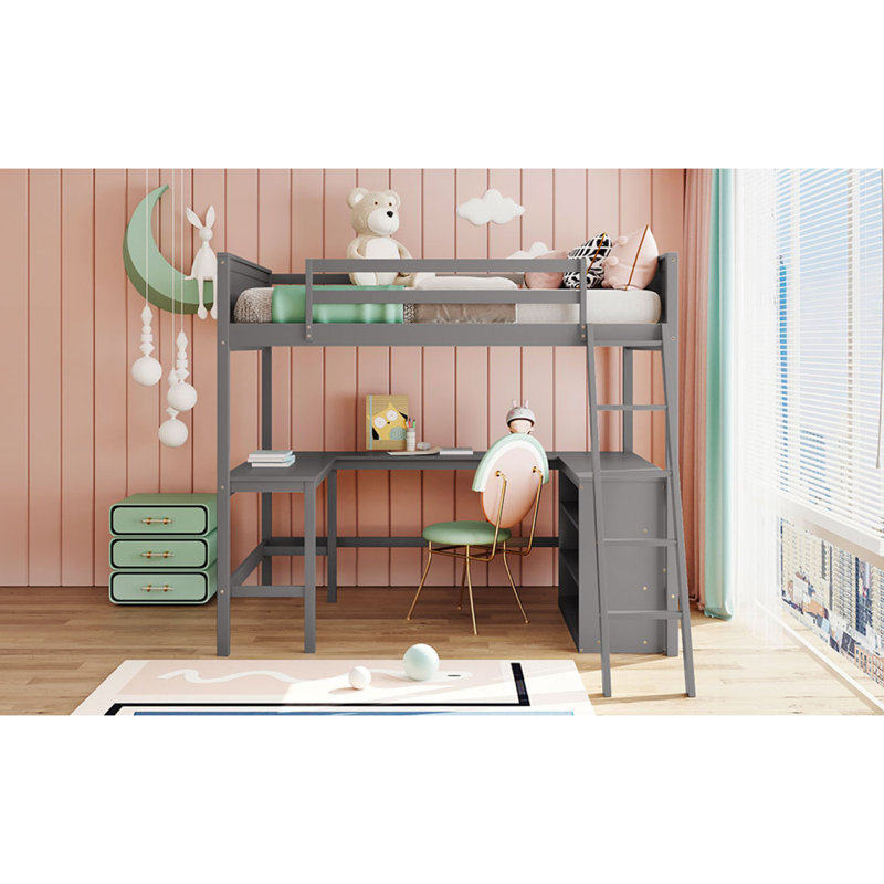 Lit mezzanine avec tablettes et bureau, Double, Gris