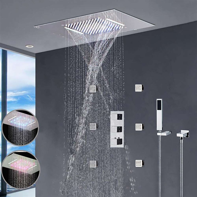 Nariman Recessed LED Rainfall Shower System with Adjustable Body Jets Water Powered