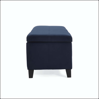Banc de rangement capitonné bleu foncé avec plateau relevable et pieds en bois d'hévéa