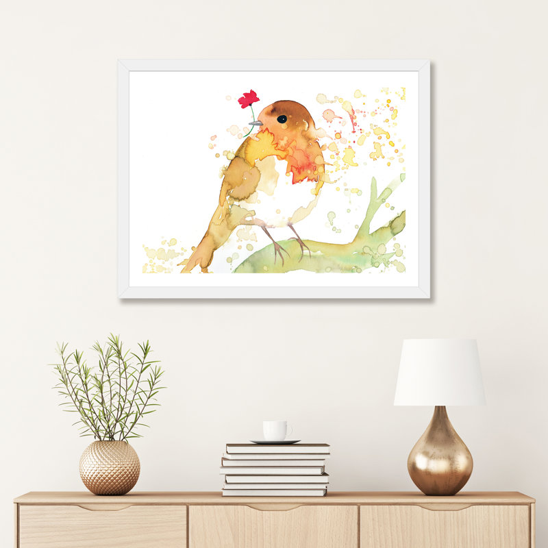Robin avec coquelicot - reproduction d'art, H 24 po x l 32 po x P 1 po, Papier encadré blanc, Blanc
