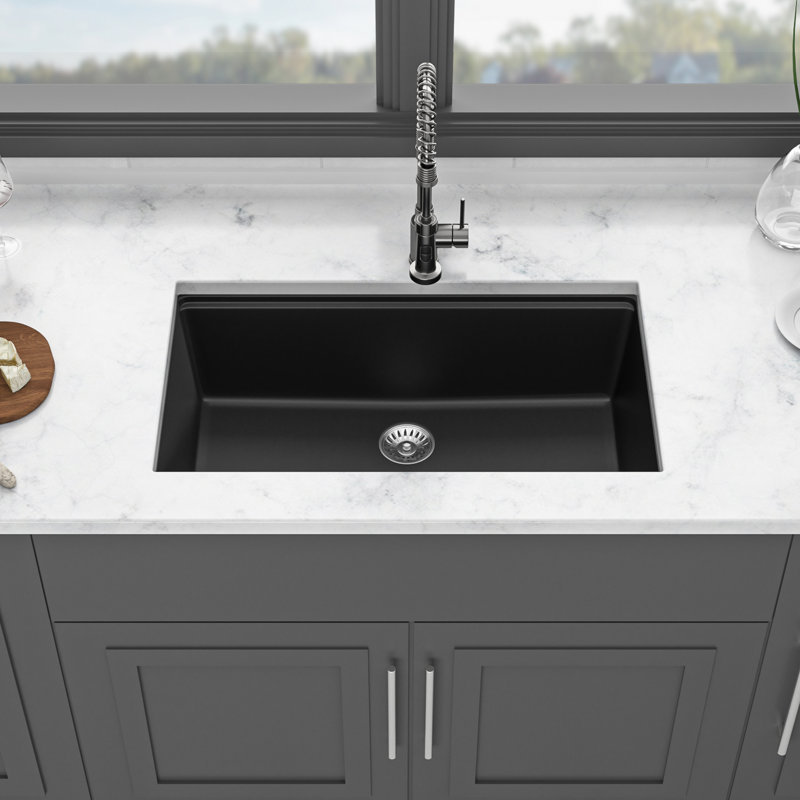 33X19" Black Quartz Composite Workstation Undermount Sink - High With Included Successes Kitchen Strong Achievements, Black