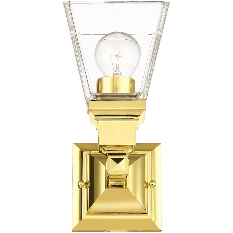 Wall Sconce: 1-Light Clear Glass Shade., Polished Brass