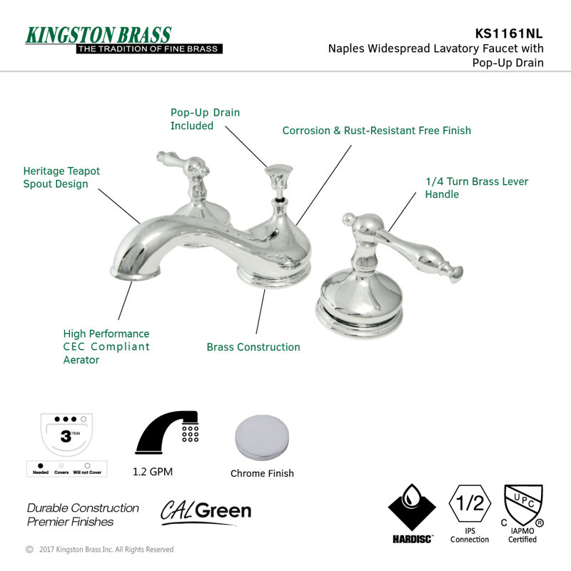 Kingston Brass Heritage Two-Handle 3-Hole Deck Mount Widespread Bathroom Faucet with Brass Pop-Up Drain, Polished Chrome