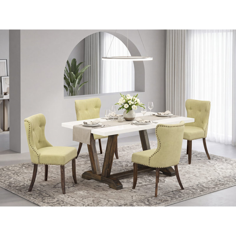 5-Piece Dining Table Set Includes a Linen White (Off-White) Kitchen Table and 4 Limelight Linen Fabric Parson Chairs - Distressed Jacobean Finish