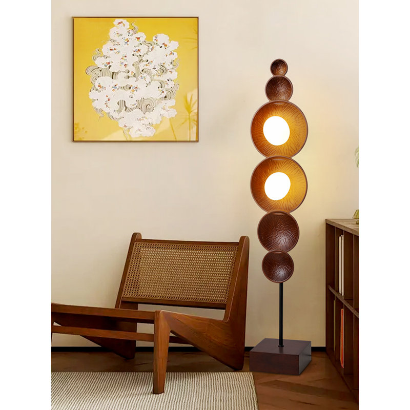 Mid-Century Oak and Wrought Iron Floor Lamp