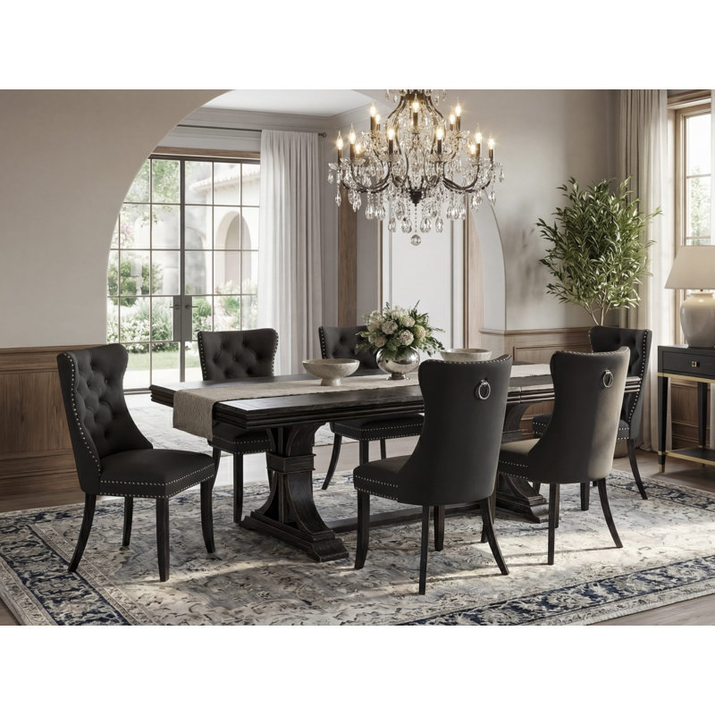 L'ensemble de salle à manger 7 pièces Xtenczar contient une table rectangulaire Xtenczar et 6 chaises modernes en tissu de polyester gris foncé, 44 x 100 pouces, noir sablé