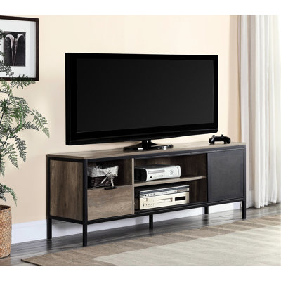 Console rustique en chêne avec pieds et compartiments en métal pour support électronique