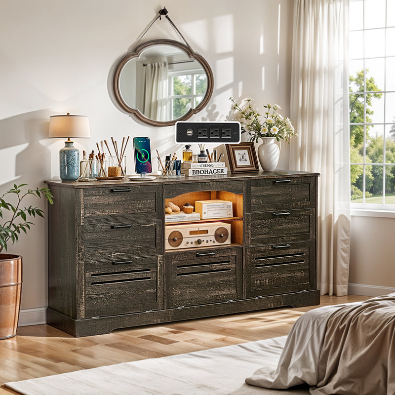 Helland Large 63"W Drawer Dresser, Farmhouse Storage organizer for Bedroom, Ruatic Chest of Drawers with Charging Station, Antique Dresser Chest with LED Light