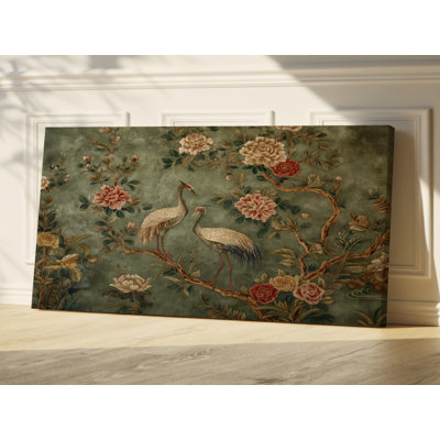 Très grande art mural sur toile - grues rétro et scène botanique, inspiration William Morris, prête à être accrochée