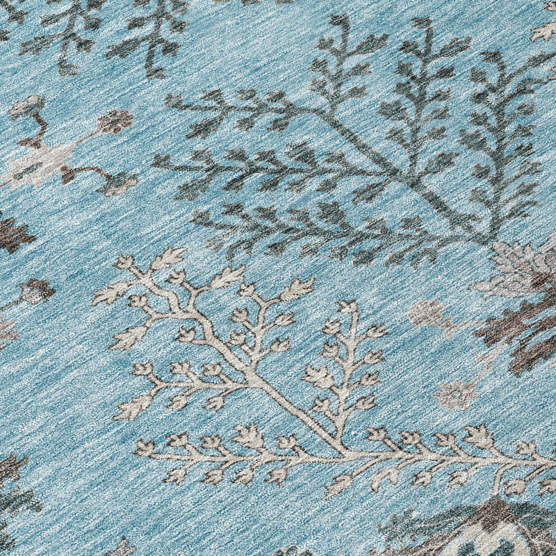 Tapis extérieur rond lavable floral bleu ciel et gris anthracite 8 pi