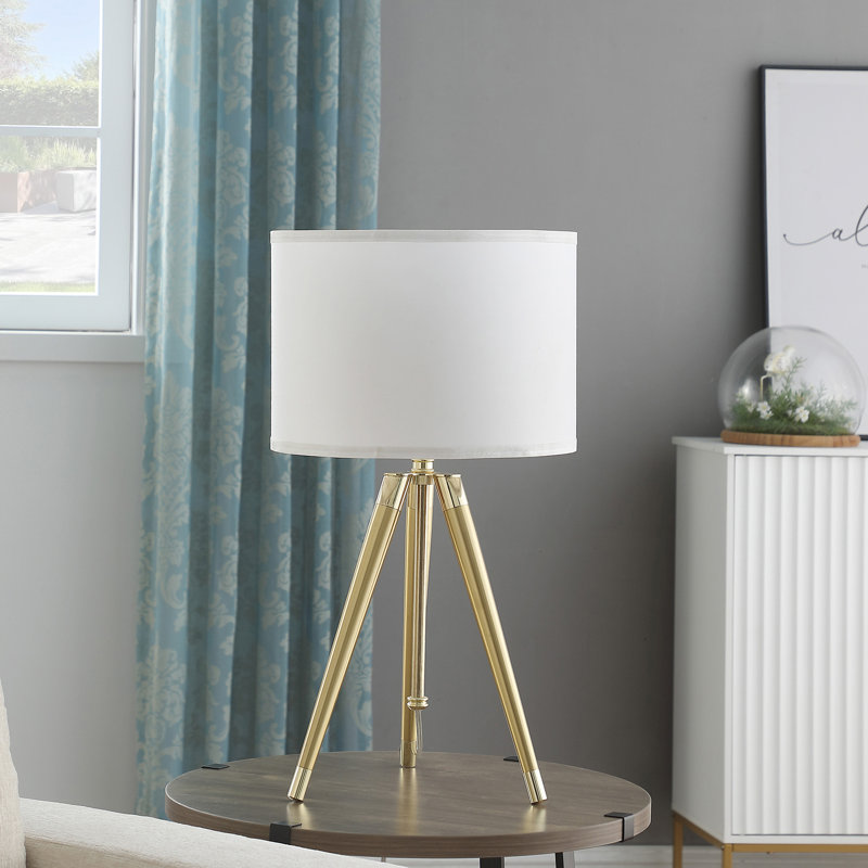 Lampe de table à trépied moderne réglable en laiton / or brillant de 35,5 po à 25,75 po de hauteur pour salon, table de chevet, lampe de chevet pour chambre à coucher, lampe DEL