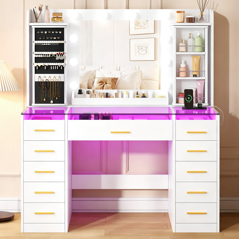 Vanity Desk with 11 Drawers & 360° Rotating Organizer, Mirror Lights, Glass Top & Power Outlet