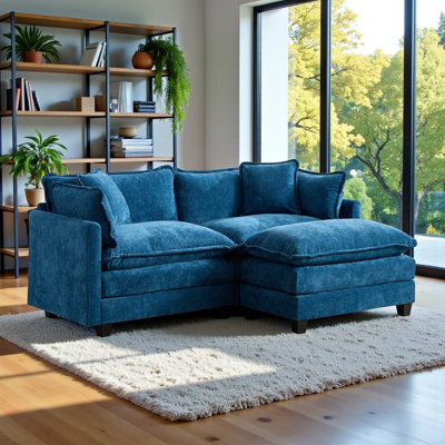 Geneveve 78"W Chenille Upholstered Loveseat Sofa With Ottoman, 4 Compressed Pillows & Compressed Foam Cushions