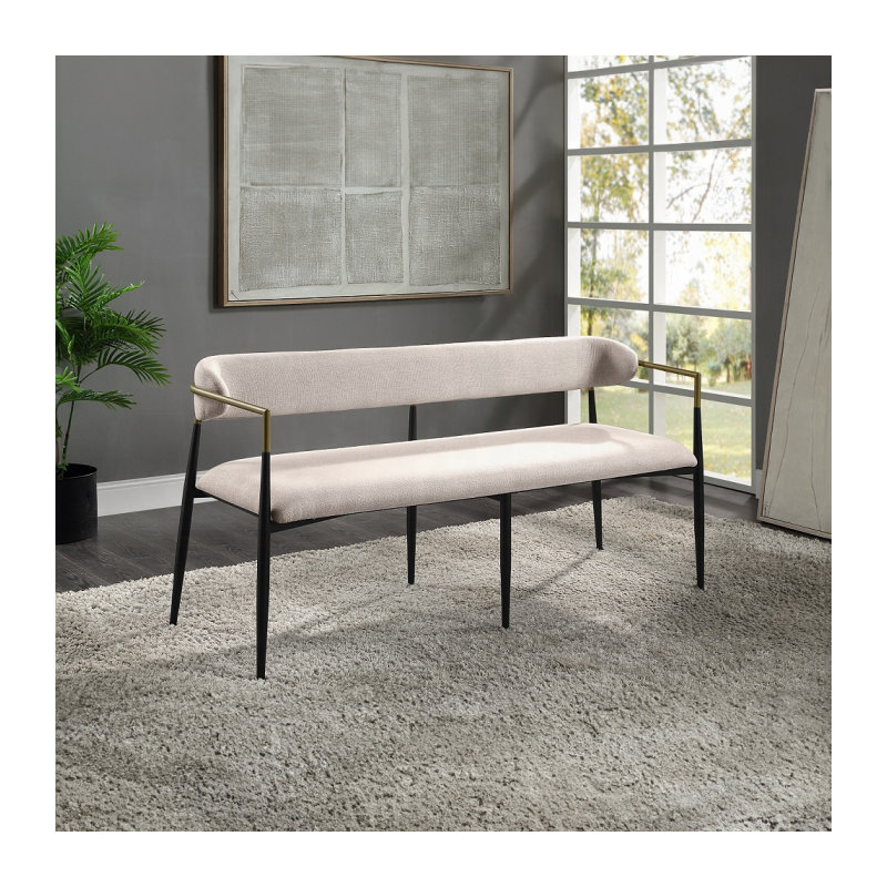 Modern Beige Linen Upholstered Bench With Black Metal Legs And Gold Accent Rail, Beige