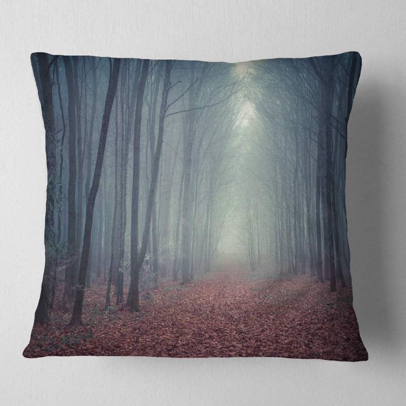 Coussin Misty Path in Forest Landscape, Coussin décoratif, H 16 po x l 16 po