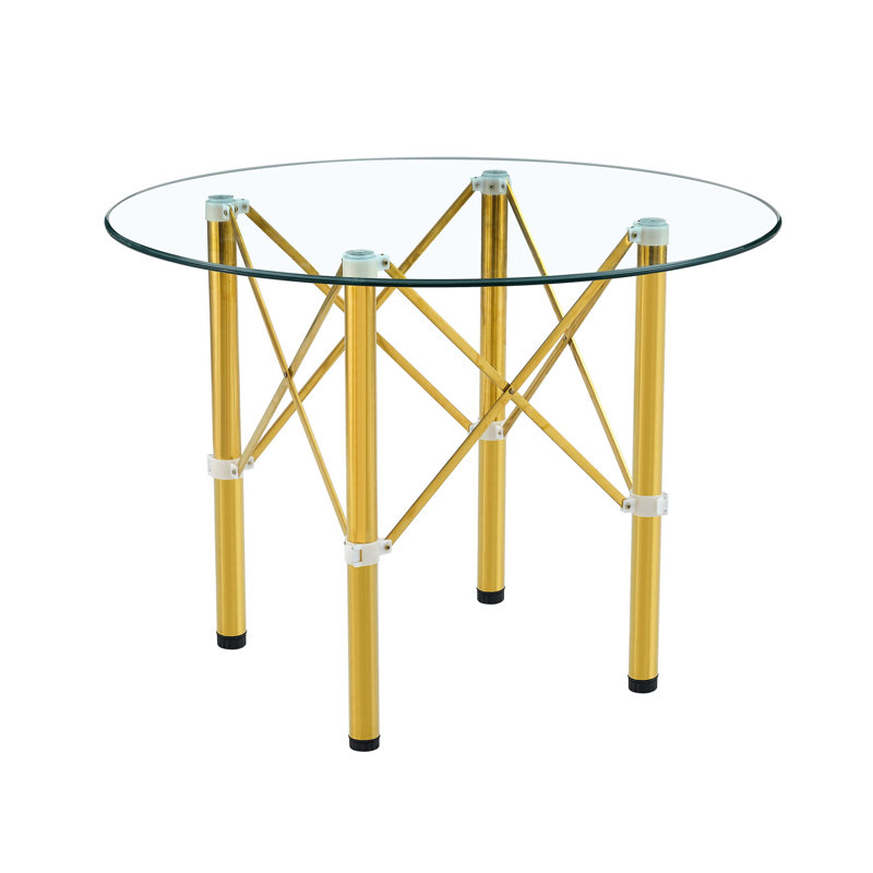 Transparent Round Tempered Glass Table with Adjustable Golden Metal Legs, Telescopic Support, Suction Cup Stability, and Foldable Space-Saving Design.
