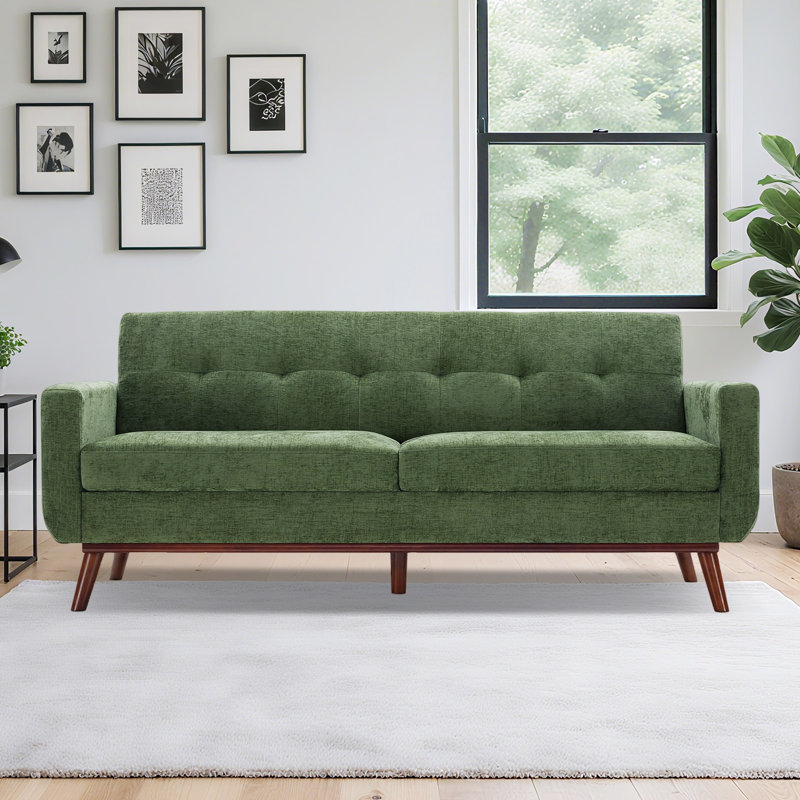 77" Mid-century Modern Sofa Olive Green Chenille Loveseat For Living Room