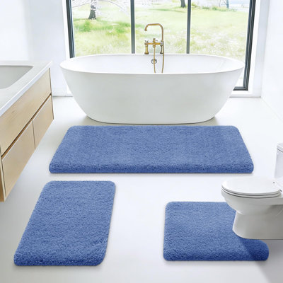 Microfiber Thick Bathroom Rugs Set 3 Piece, Flurry Non Slip Bath Rug, Soft Plush Absorbent Bathroom Mat, Machine Washable Luxury Toilet Rug Set, Bath Mat for Tab, Shower and Bathroom, Blue