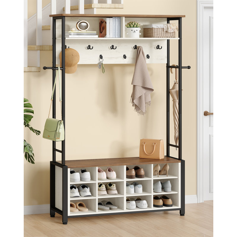 Coat Rack with Shoe Storage, Hall Tree with Bench for Hallway, 14 Open Compartments, Coat Stand with Adjustable Shelves, 13 Hooks, Top Storage for Living Room, Entrence 