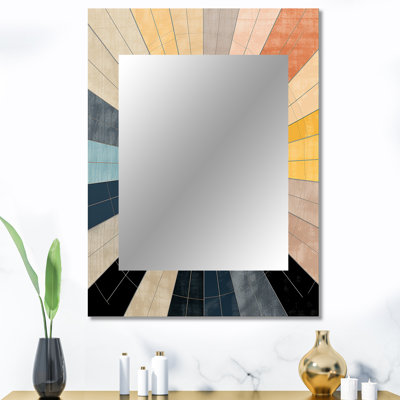 Mid-Century New Balance Abstract Geometrics III - miroir décoratif moderne Mid-Century, grand miroir mural bleu, impression d'art en métal