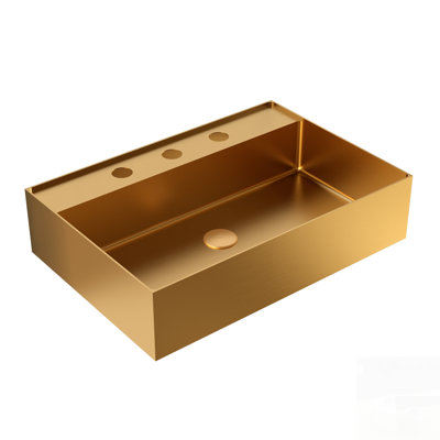 Lavabo de salle de bain intégré haut de gamme en acier inoxydable doré brossé, lavabo rectangulaire avec trois trous de robinetterie pour installation sur meuble-lavabo moderne