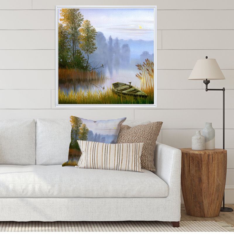 Le bateau sur la berge du lac - Peinture sur toile encadrée, H 16 po x l 16 po x P 1 po, Cadre blanc