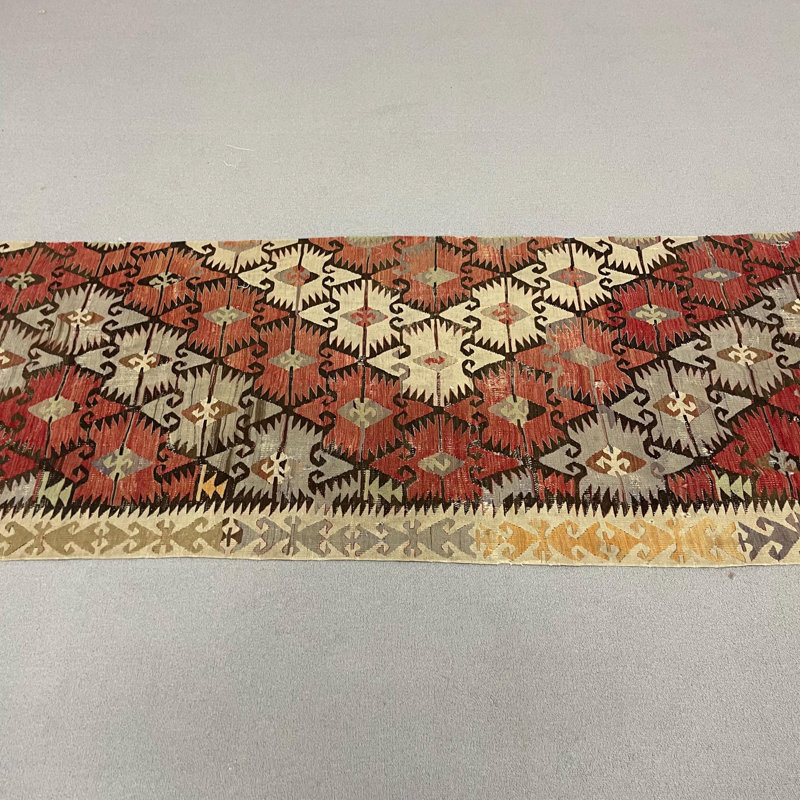 Tapis de style rétro turc Oushak Kilim en rouge avec motif géométrique pour les couloirs et les escaliers