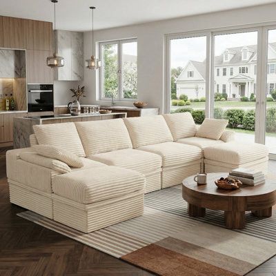 142"W Cloud Modular Sectional Sofa, 6-Piece U Shaped Corner Couch with Hidden Storage and 2 Ottomans, Modern Minimalist Corduroy Upholstered Boneless Sofa for Living Room, Extra Deep Seat, Easy Assembly Required