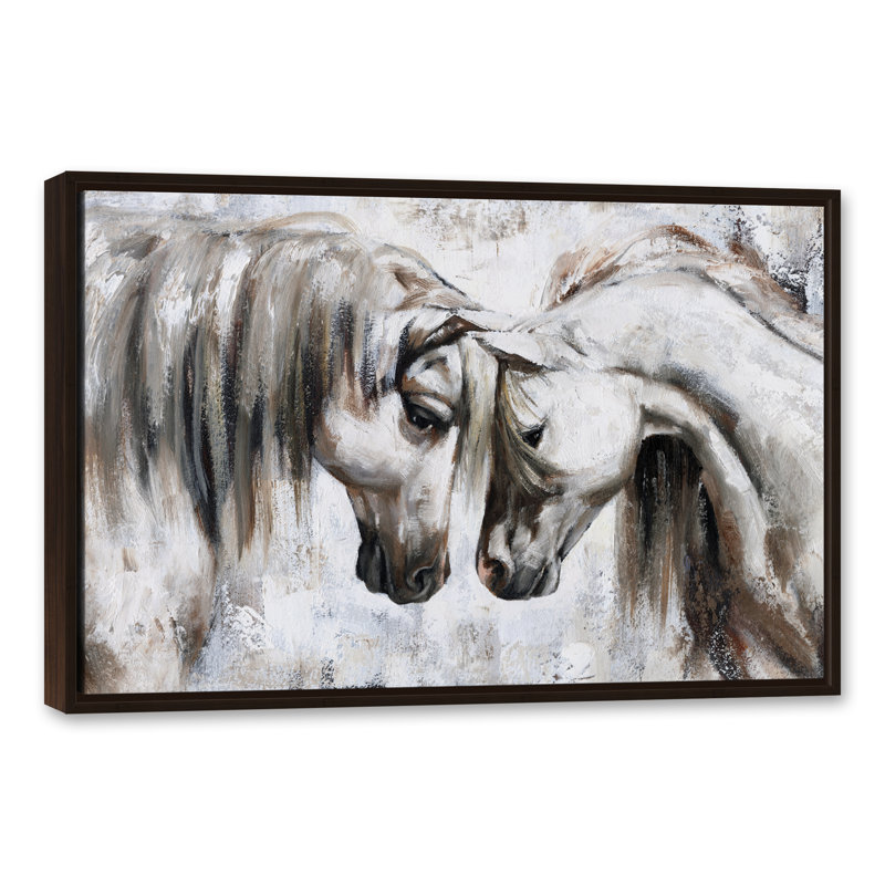Nuzzling Horses - Peinture sur toile, Toile brune avec cadre flottant, H 25,75 po x l 37,75 po x P 1,75 po