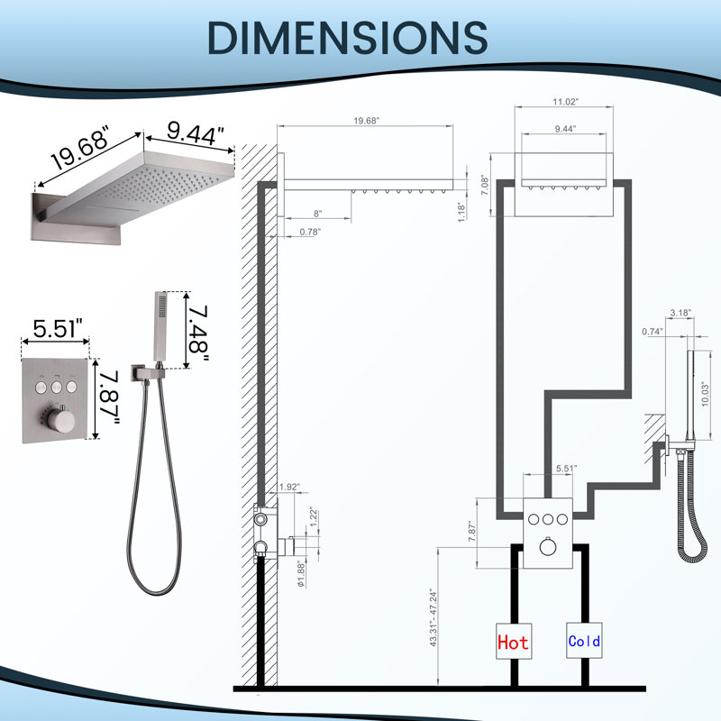 19.68"L*9.44"W 3 Functions Thermostatic Solid Brass Luxury Shower System with Rough-in Valve, Brushed Nickel
