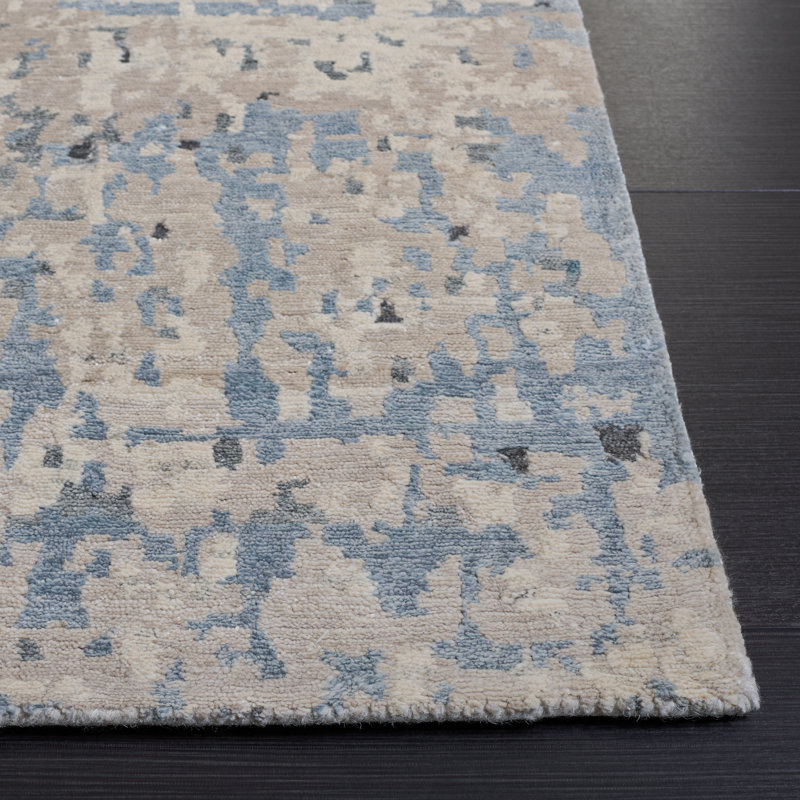 Tapis abstrait en viscose / coton / lin / laine noué à la main Tiffany argent / ivoire, Rectangle 8 pi x 10 pi