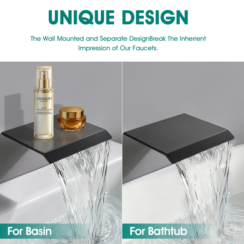 Matte Black Wall Mount Waterfall Bathroom Faucet, Matte Black