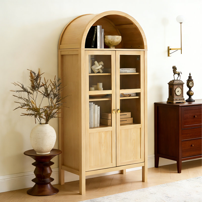 Vitrine haute arquée avec deux tiroirs - Bibliothèque de rangement et de présentation à 4 niveaux avec portes en verre pour le salon