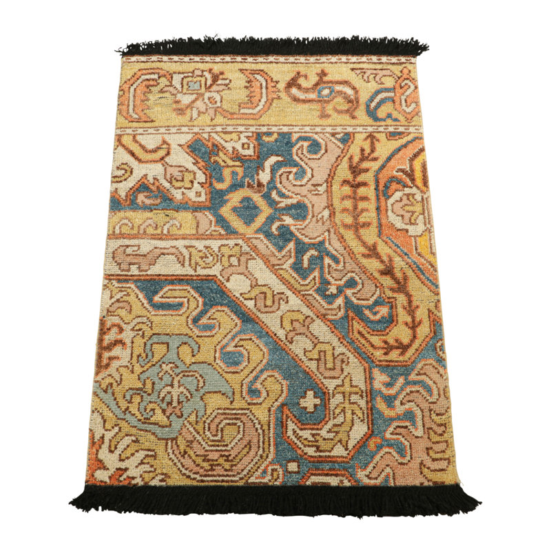 Rug & Kilim’S Dragon Rug In Gold And Blue With Geometric-Floral Patterns