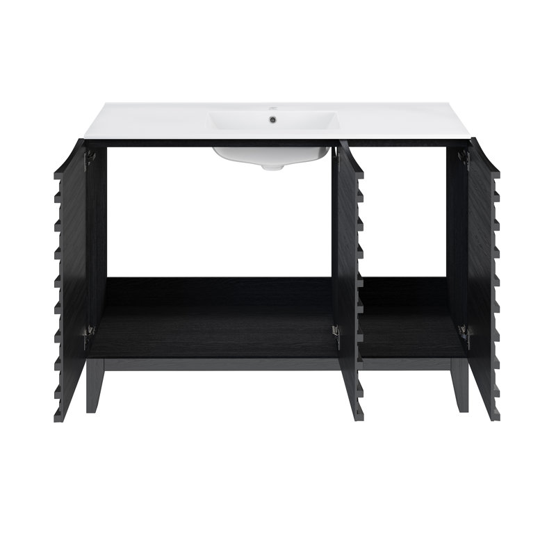 Meuble-lavabo noir 48 po Cascade, Trou unique, Blanc, Chêne noir