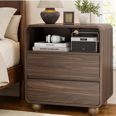 1 Pc Wood Nightstand With Charging Station, 23.6" Wide Bedside Table With 2 Drawers And Open Shelf, Curved End Table For Bedroom Living Room