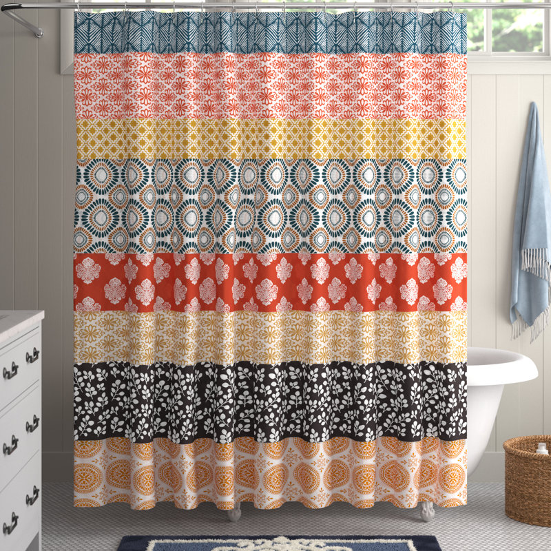 Rideau de douche simple à rayures Bohemian, Bleu / orange / noir, 72 po x 72 po