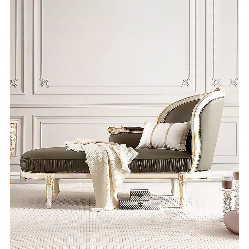 Chaise longue de style français en bois de bouleau et cuir pour chambre et salon, Face à la droite