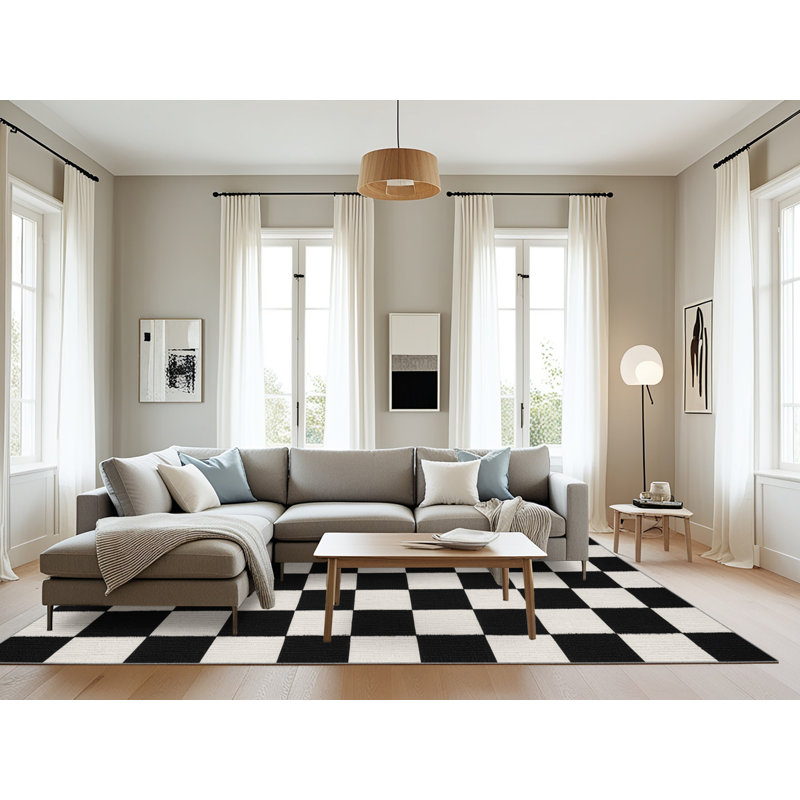 Machine Washable Checkered Gray Area Rug, Rectangle 8' x 10'