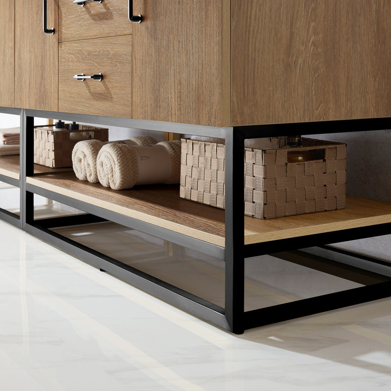 Ensemble de meuble-lavabo double 84 po Alistair, Noir mat, Chêne naturel, Blanc