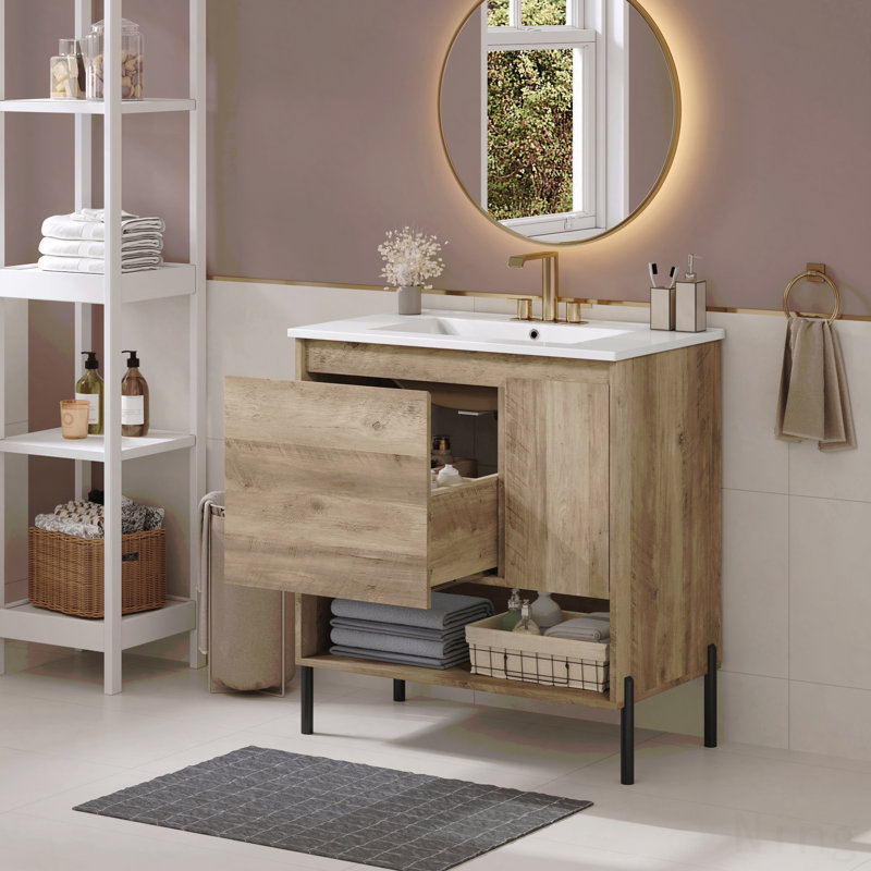 Meuble-lavabo moderne en bois de 30 po, armoire de rangement avec lavabo en céramique, armoire simple avec portes et tablette ouverte