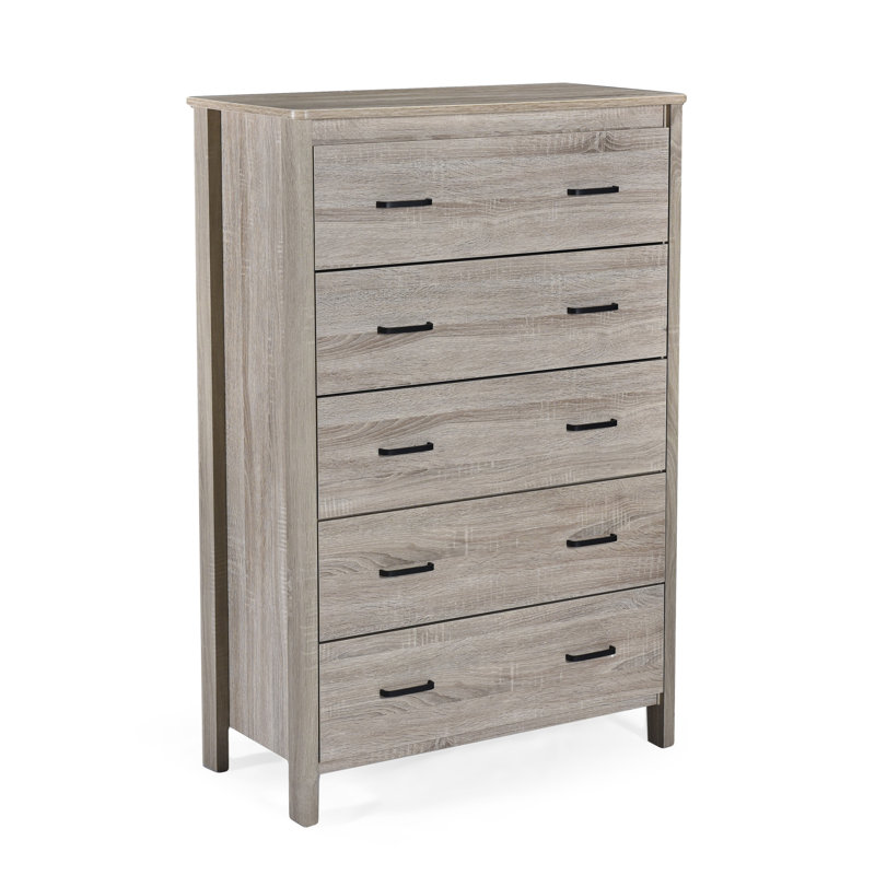 Commode haute 5 tiroirs Sifa, panneau de fibres à densité moyenne gris chêne rustique, poignées noires, Chêne gris