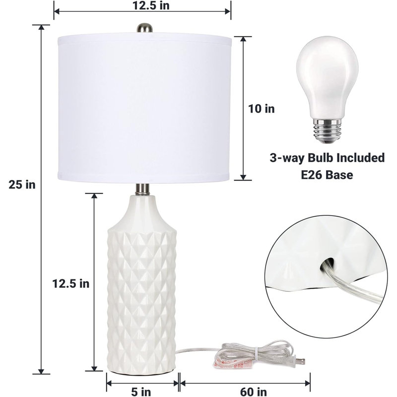 Handmade Ceramic Table Lamps Set Of 2 - 25" White 3-Way Dimmable Nightstand Lamps For Bedroom